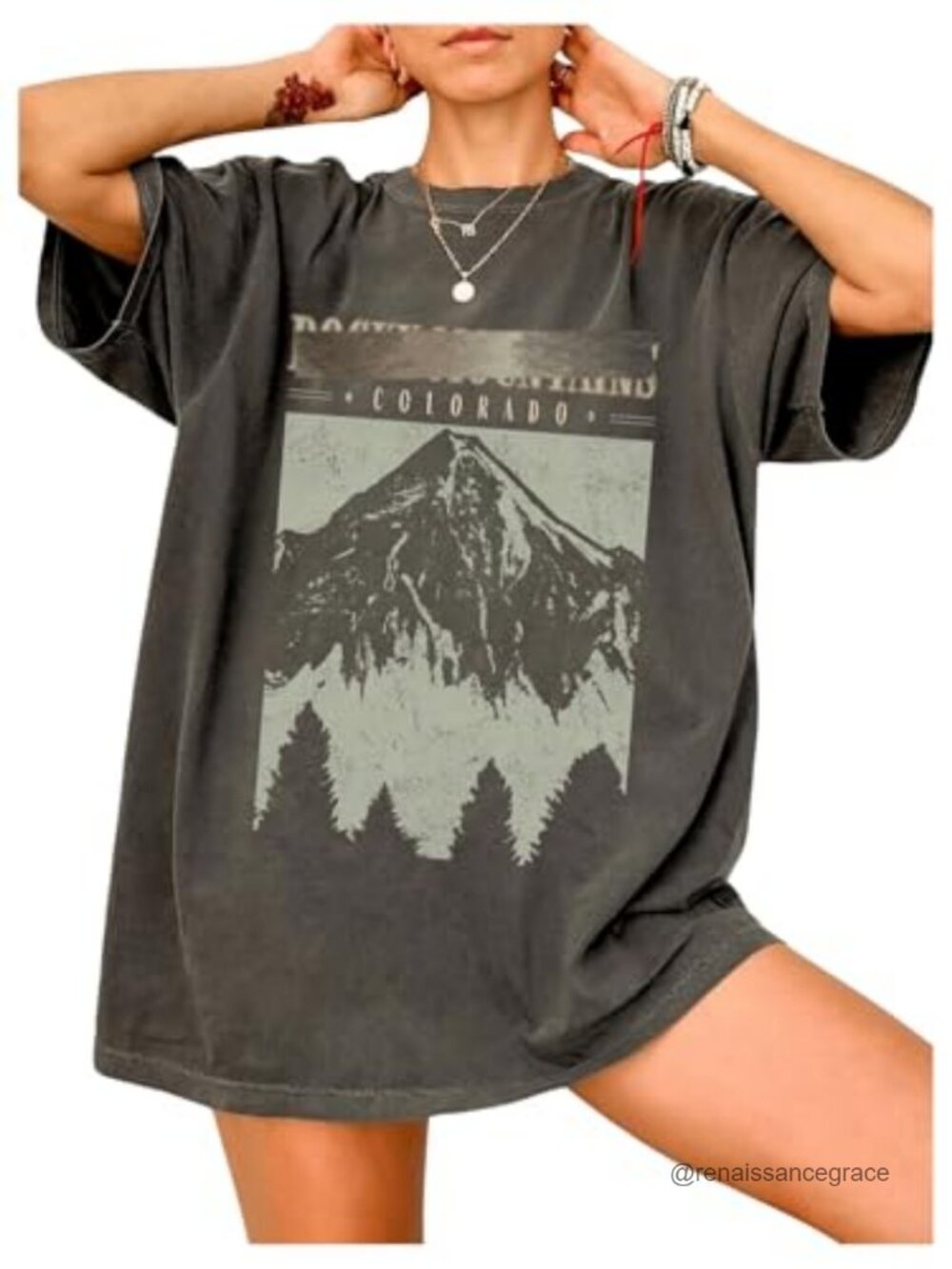 Oversized Graphic Tee with Letter Mountain Print - Polyester Blend, Half Sleeve